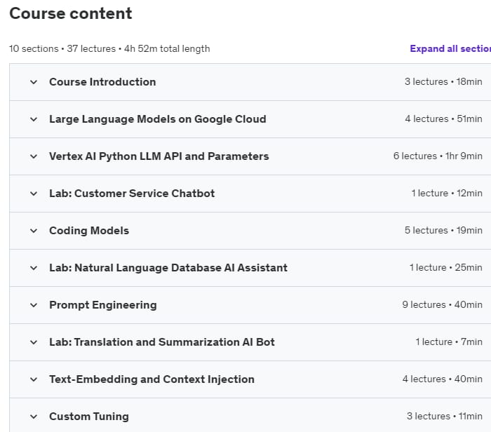 Course topics · Udemy — LLMs with Google Cloud and Python 2023-11