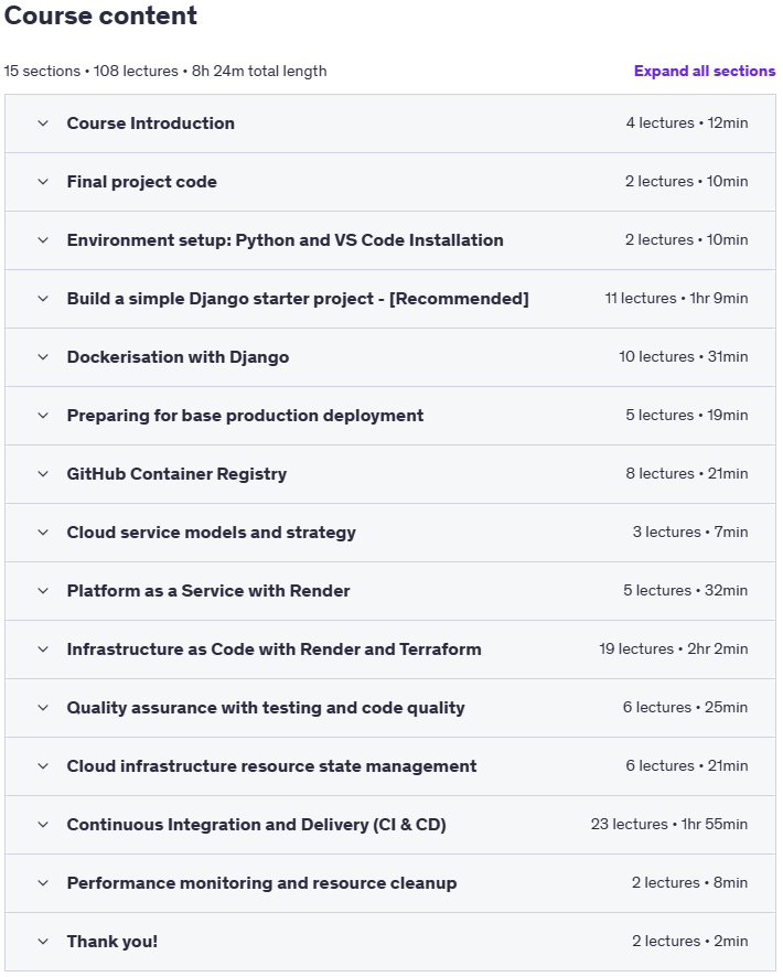 کورس کے موضوعات · Python Django کے لئے DevOps: Terraformرینڈر، Docker سی ڈی / سی ڈی 2025-4