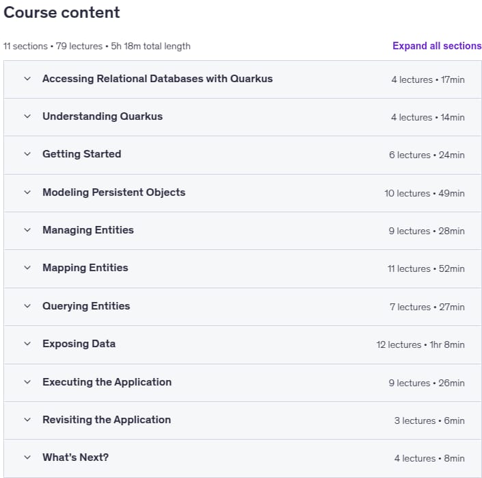 Course topics · Accessing Relational Databases with Quarkus 2021-7