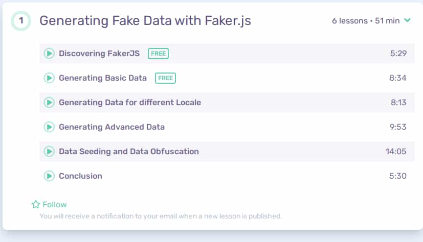 Course topics · Vueschool – Generating Fake Data with Faker.js 2024-12