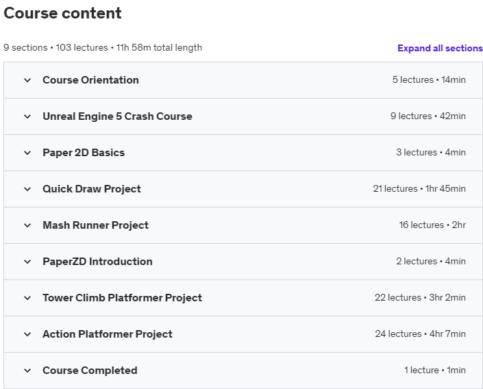Course topics · Udemy — The Ultimate Unreal Engine 2D Game Development Course 2023-7