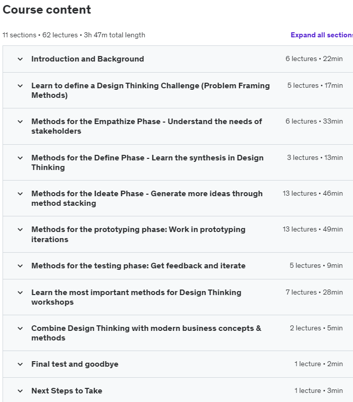 Course topics · Udemy — Design Thinking Tool Box | 50+ Methods | 25+ Templates[2023]