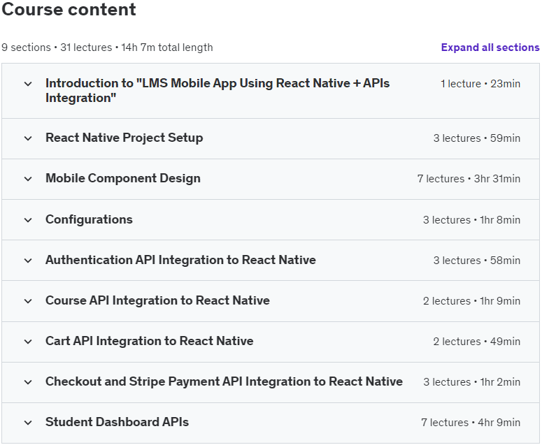 Course topics · Udemy — React Native: LMS Mobile App with API Integration & Tailwind 2024-7