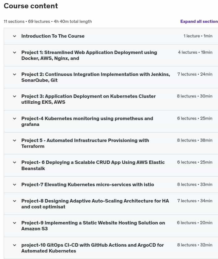 Course topics · Udemy — 10 DevOps Projects: Automate, Deploy & Scale with Kubernetes 2024-11