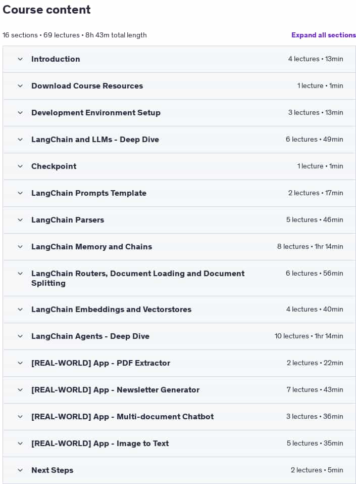 Course topics · Udemy — LangChain & LLMs – Build Autonomous AI Tools Masterclass 2024-9