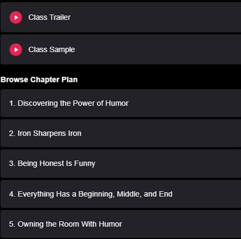 Course topics · Masterclass — Using Humor to Make Your Mark 2023-12