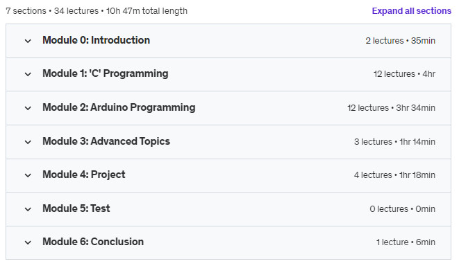 Course topics · Udemy — Arduino & ‘C’ Programming: Learning Through Projects 2023-10