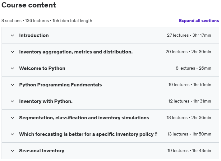 Course topics · Udemy — Stock Control and Inventory Dynamics with Excel & Python. 2023-8