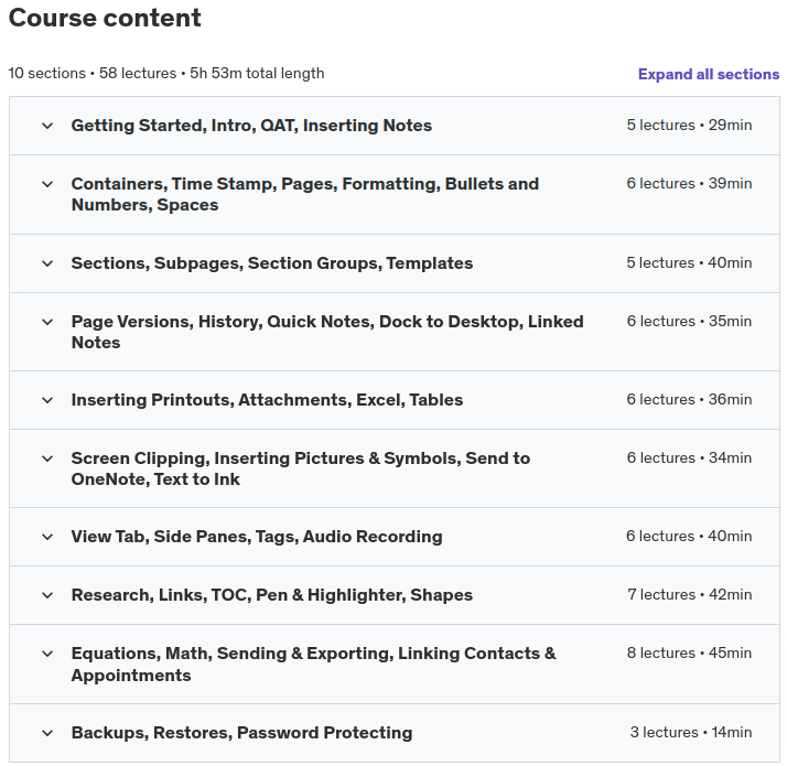 Course topics · Udemy — Microsoft OneNote (365,2019,2016,2010) Beginner to Advanced 2020-8