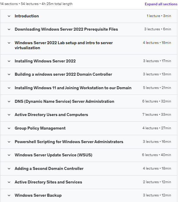 Course topics · Udemy — Windows Server 2022 Essentials: A Beginner’s Guide 2023-10