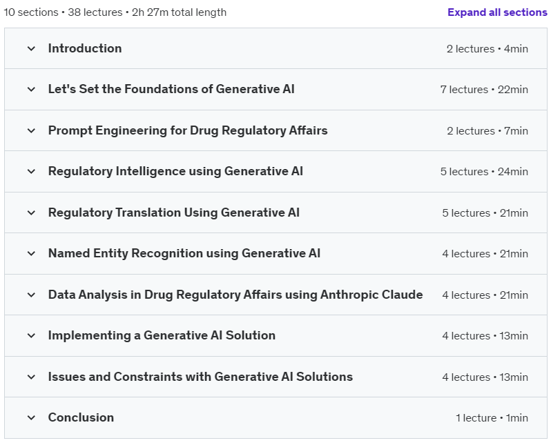 Course topics · Udemy — Generative AI in Drug Regulatory Affairs 2024-8