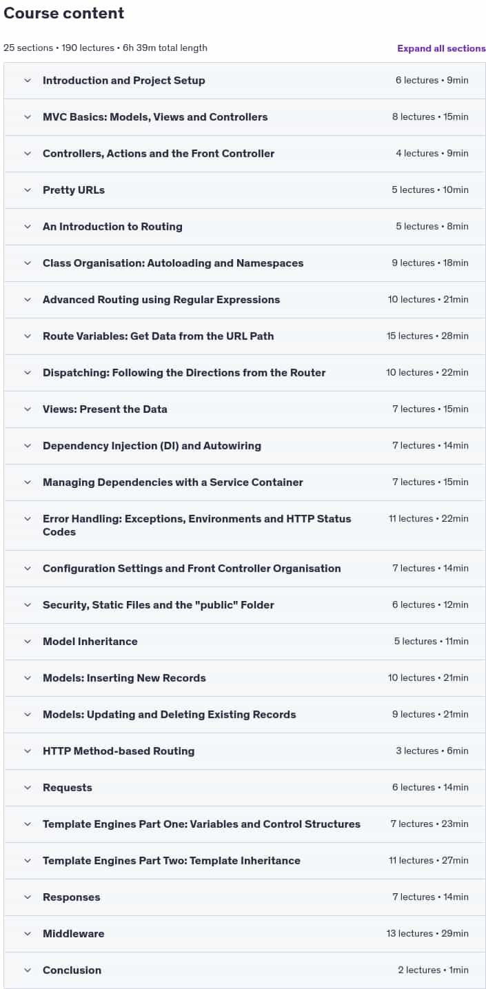 Course topics · Write PHP Like a Pro: Build a PHP MVC Framework From Scratch 2025-4