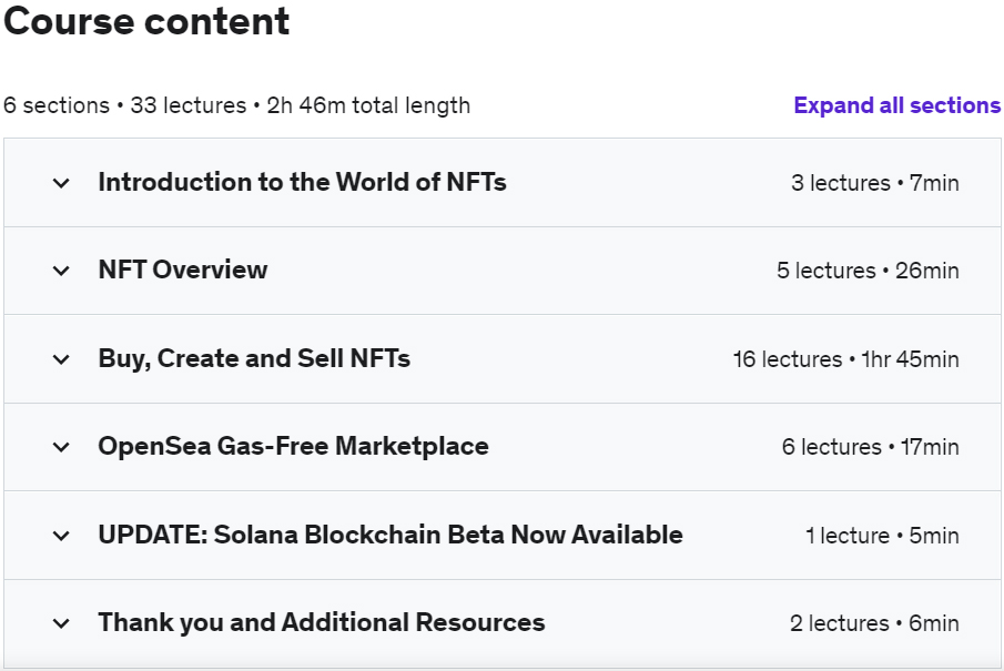 Course topics · Udemy — NFT Fundamentals (Buy, Create and Sell NFTs) 2022-7