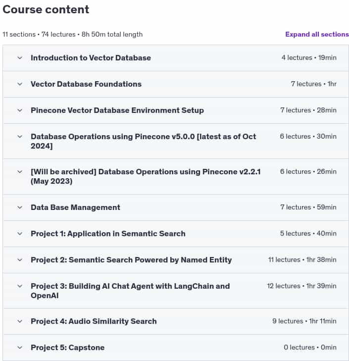 Course topics · Udemy — Master Vector Database with Python for AI & LLM Use Cases 2025-4
