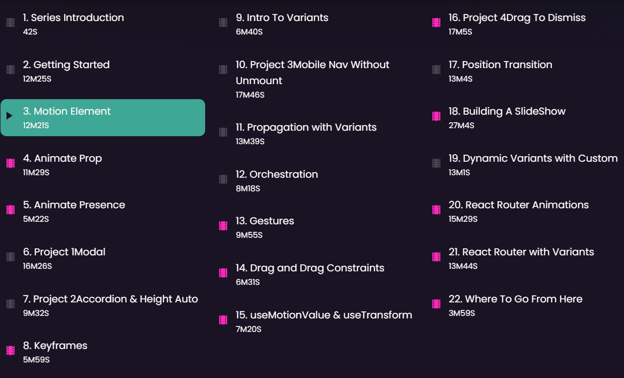 Course topics · Level Up — Animating React with Framer Motion 2020-7