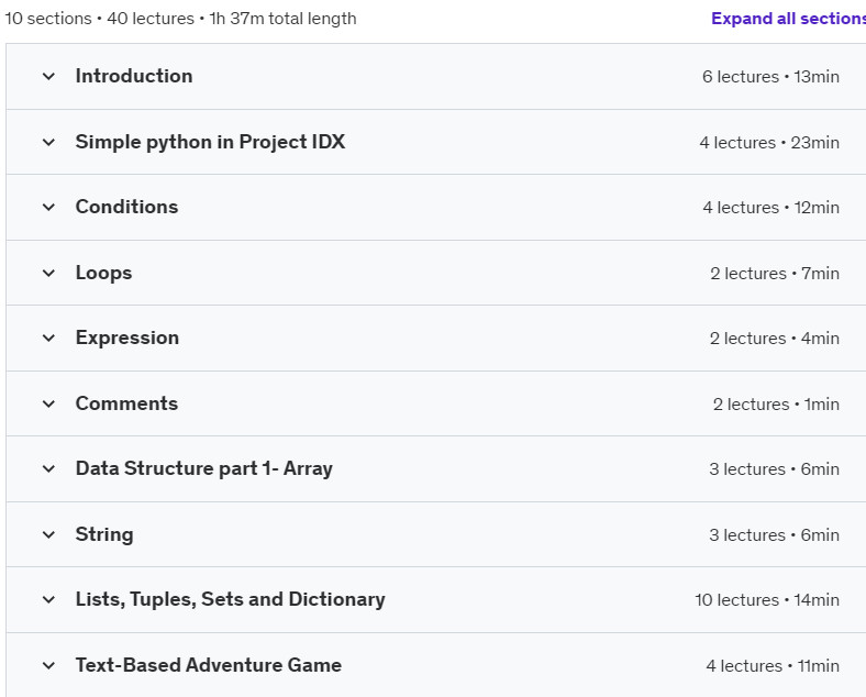 Course topics · Udemy — Python using Project IDX – Part 1 2024-9
