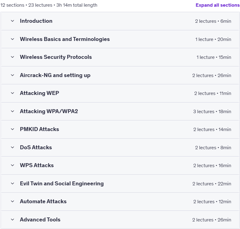 Course topics · The Ultimate Wireless Penetration Testing Training Course 2023-6