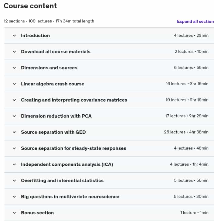 Course topics · Udemy — PCA & multivariate signal processing, applied to neural data 2024-11