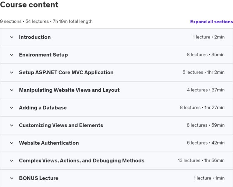 Course topics · Udemy — ASP.NET Core – Cross-Platform Development 2024-3
