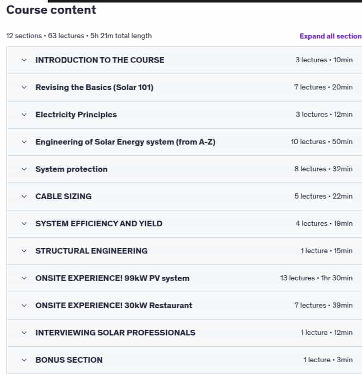 Course topics · Udemy — The ultimate SOLAR ENERGY course (ONSITE EXPERIENCES) – 2025 20224-3