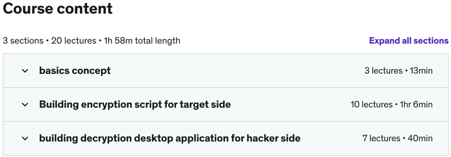 Course topics · Udemy — Building A Professional Ransomware Attack Using Java 2020-8