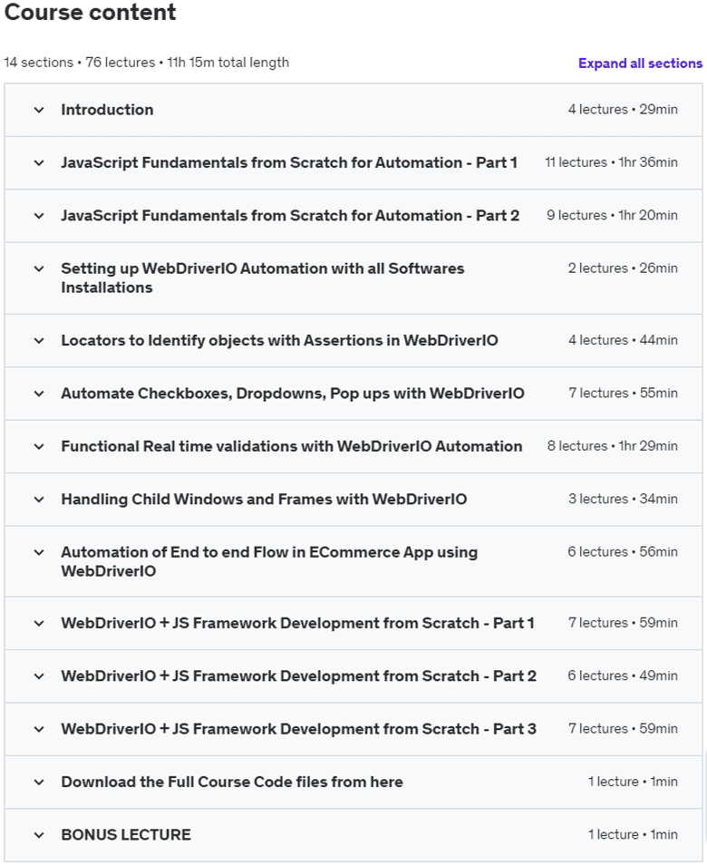 Course topics · WebDriverIO + Node.js -JavaScript UI Automation from Scratch 2023-3