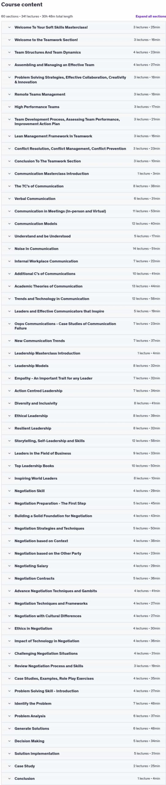 Course topics · Udemy — Soft Skills Masterclass – 7 in 1, Communication, Leadership 2025-6