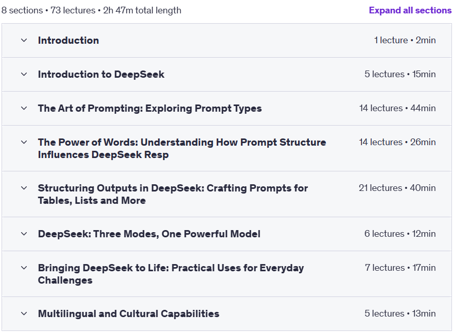 Course topics · Udemy — DeepSeek Essentials: Exploring Open-Source AI for Everyone 2025-1