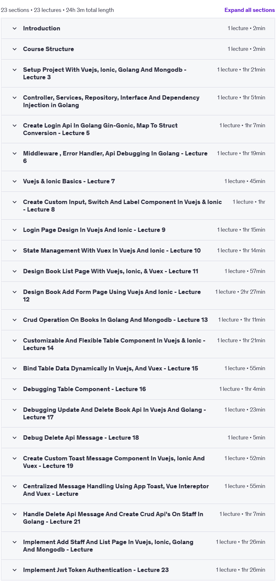 Course topics · Full Stack Development with Go, Vuejs, Ionic & MongoDB 2024-11