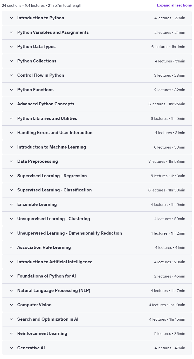Course topics · Udemy — Complete Python, ML & AI Bootcamp: Ultimate Beginner’s Guide 2025-1