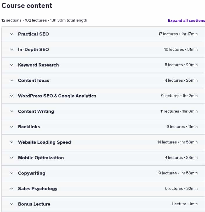 Course topics · Udemy — The SEO Training Masterclass for WordPress Websites 2025 2025-5