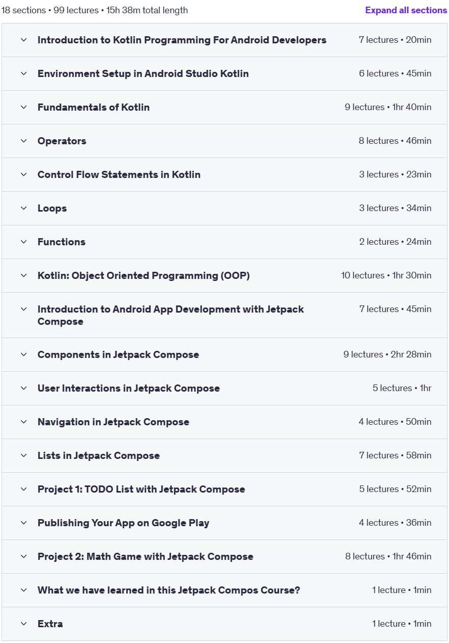 Course topics · Udemy — Jetpack Compose & Kotlin for Modern Android App Development 2023-9