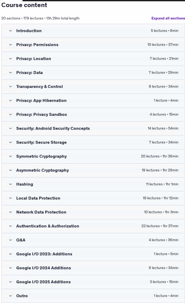 Course topics · Udemy — Mastering Android Privacy & Security 2025-6