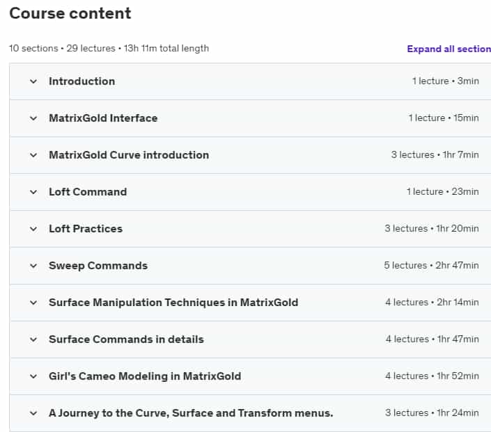 Course topics · Advanced Surface Modeling in MatrixGold / Rhino 3D 2023-11