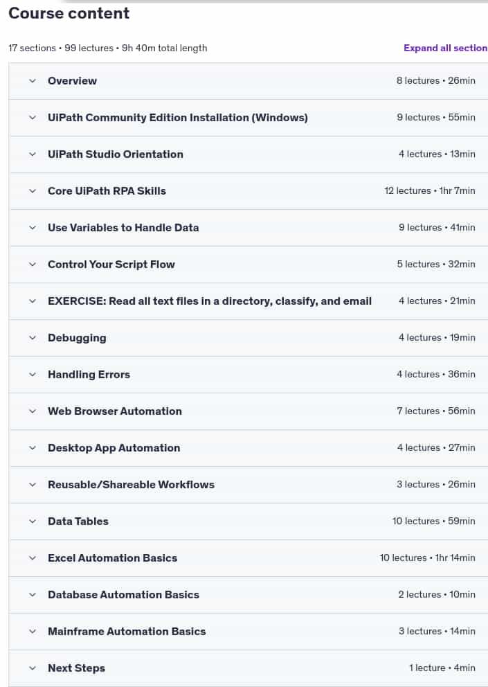 Course topics · UiPath 2025 – Level 1 RPA Developer 2025-2