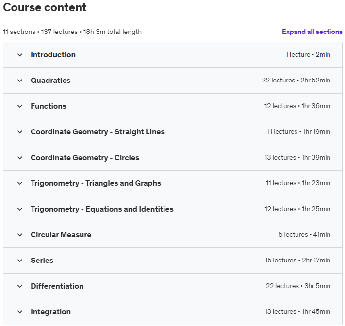 Course topics · Udemy — CIE International A-Level Maths: Pure Mathematics 1 2023-4