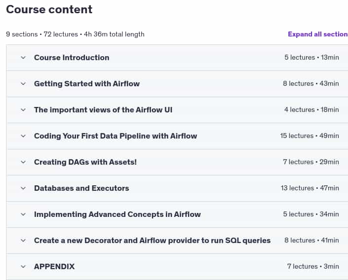 Course topics · Udemy — The Complete Hands-On Introduction to Apache Airflow 3 2025-6