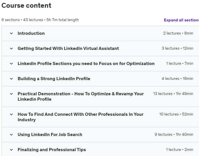 Course topics · Udemy — How to Optimize your LinkedIn Account as a Virtual Assistant 2023-8