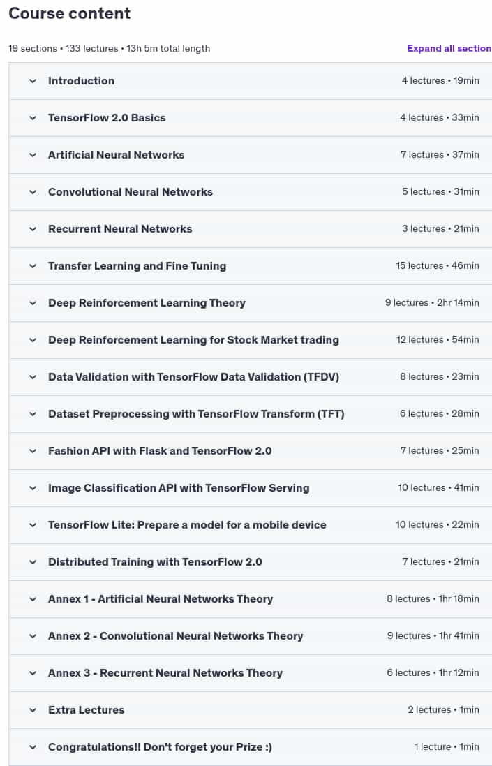 Course topics · Udemy — A Complete Guide on TensorFlow 2.0 using Keras API 2025-1