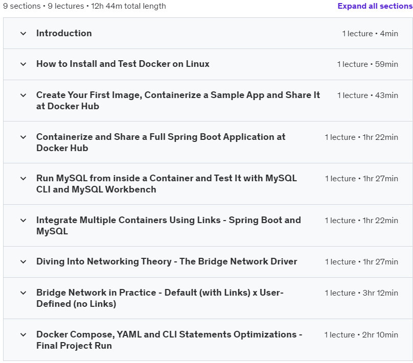 Course topics · Udemy — Docker for Beginners: a Hands-On Practice Course (+12 hours) 2023-2