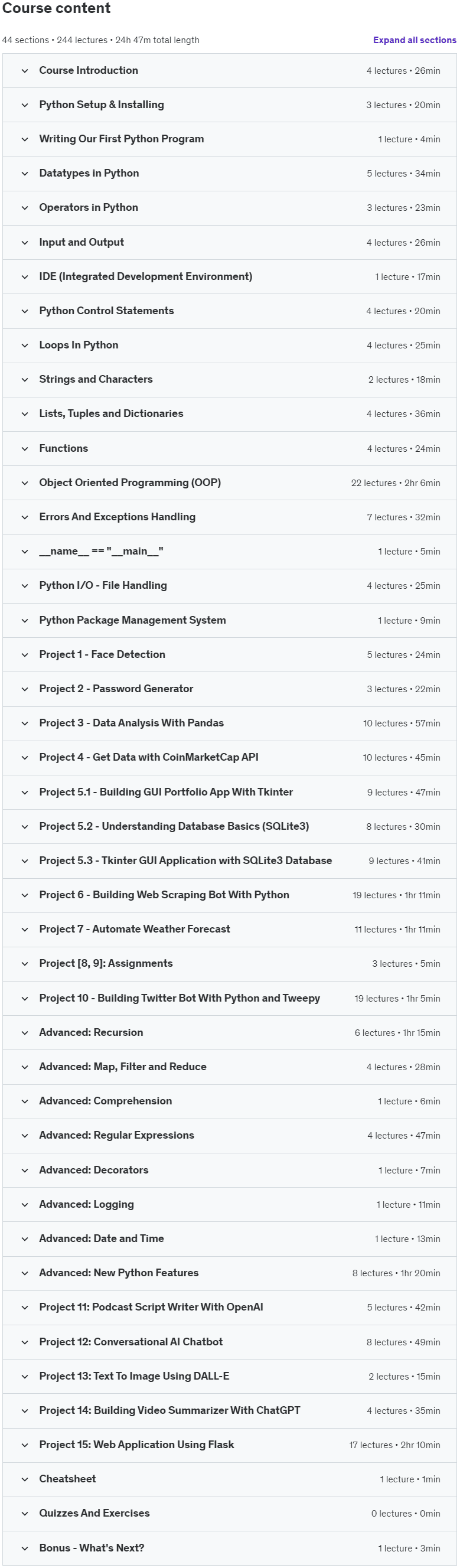 Course topics · Python Masterclass 2025: Zero To Job Ready With 15 Projects 2024-11
