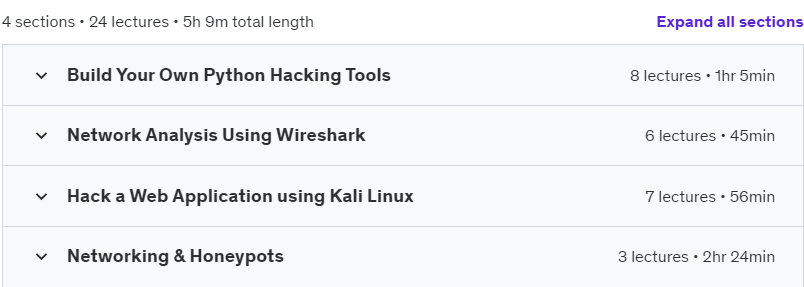 Course topics · Udemy — Learn Ethical Hacking & Build Python Attack & Defense Tools 2023-4