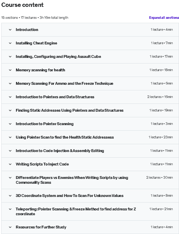 Course topics · Udemy — Game Hacking: Cheat Engine Game Hacking Basics 2022-11