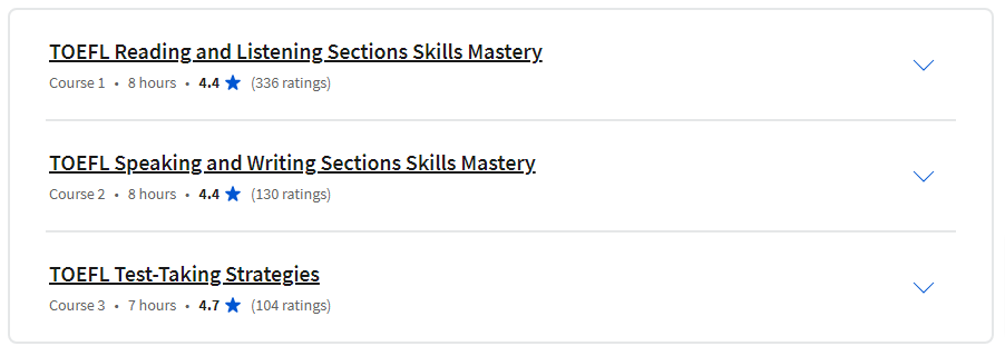 Course topics · Coursera — TOEFL Preparation Specialization 2023-8