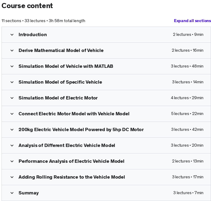 Course topics · Udemy — Build the Dynamic Model of an Electric Vehicle with MATLAB 2022-2