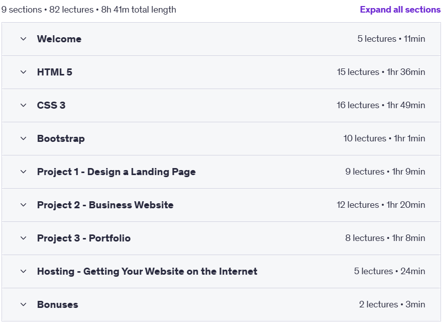 Course topics · HTML5 + CSS3 + Bootstrap: The Beginner Web Design Course 2023-8