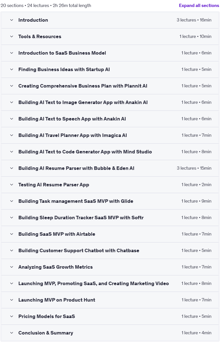 Course topics · Udemy — Building AI Apps, Micro SaaS & Launching Scalable MVP 2024-2