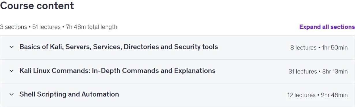 Course topics · Udemy — Kali Linux & Shell Scripting: Learn Linux for Cybersecurity 2026-9