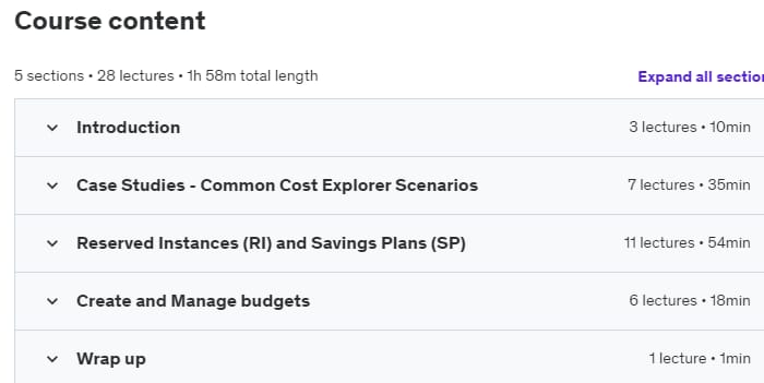 Course topics · Udemy — AWS Cost Management Tools (Cost Explorer) Crash Course 2021-1