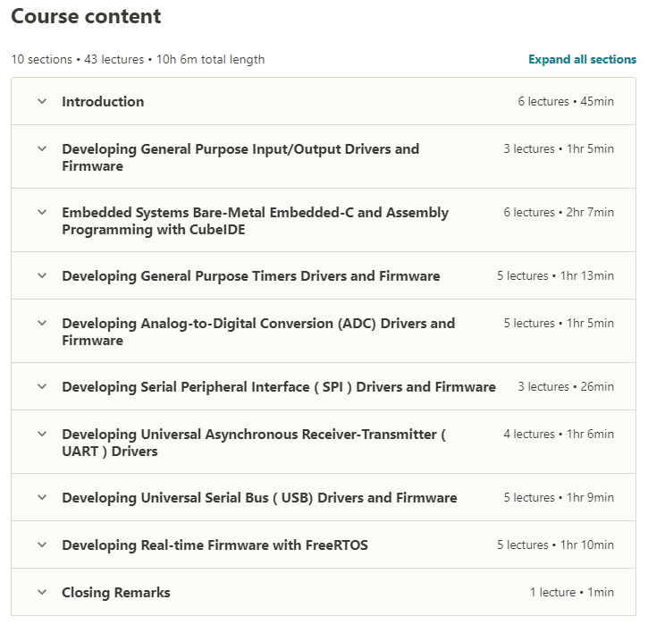 Course topics · Udemy — Mastering STM32CubeMX 5 and CubeIDE – Embedded Systems 2020-9